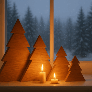 Vier stilisierte Tannenbäume aus Eiche vor einem Fenster, Winterlandschaft im Hintergrund, vorne brennende Kerzen.